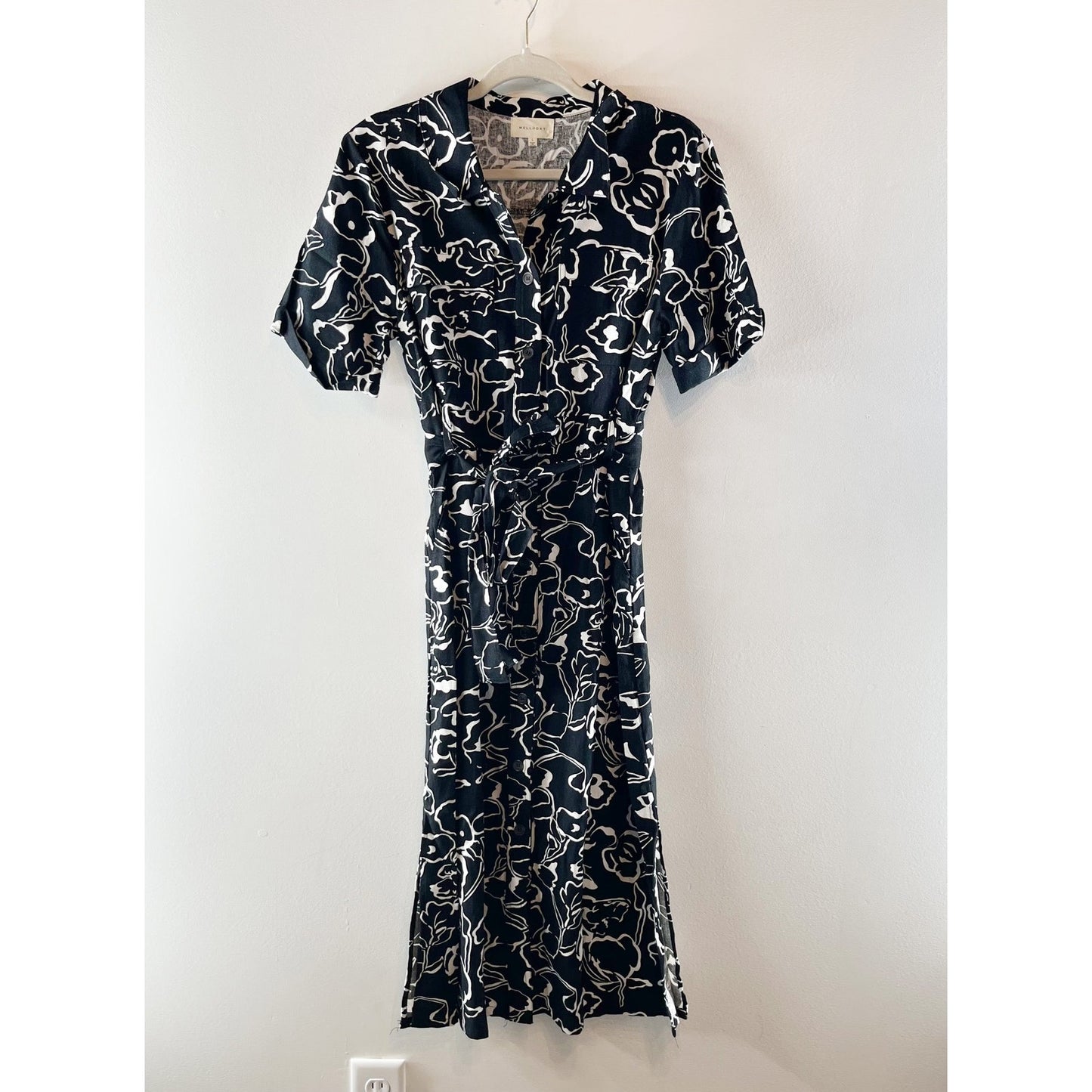 Melloday Floral Short Sleeve Belted Midi Shirt Dress Black White Large