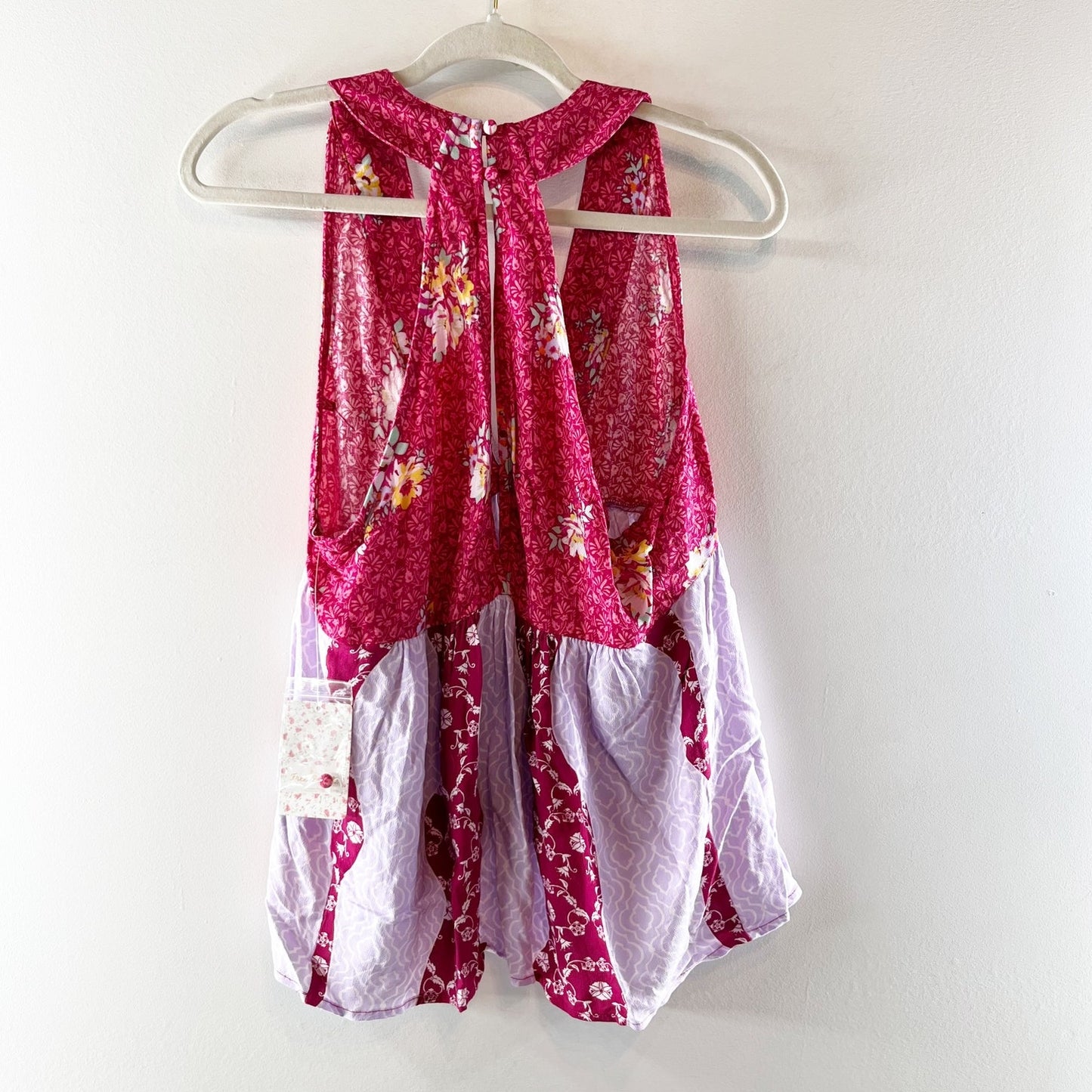 Free People Dream Darlin Patchwork Printed V Neck Swing Tank Top Pink Small