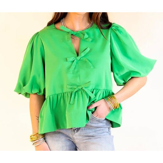 THML Short Puff Sleeve Tie Front Bow Peplum Top Blouse Green Large