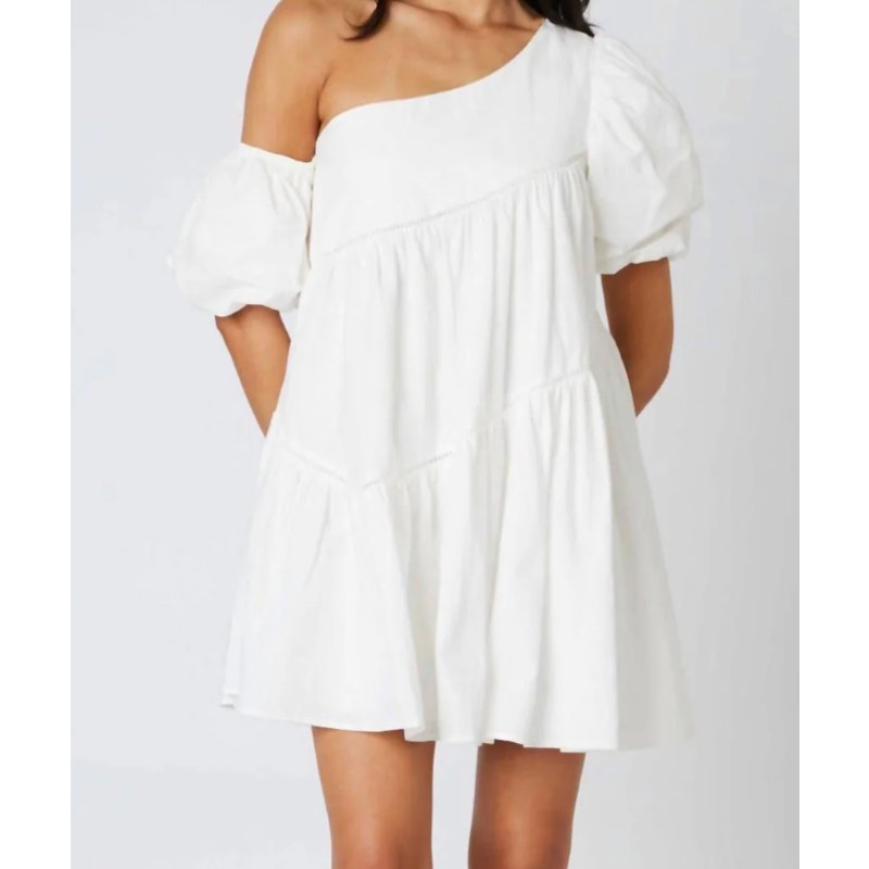 ShowPo Asymmetrical Puff Short Sleeve Off Shoulder Mini Babydoll Dress White 10