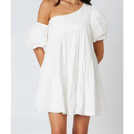 ShowPo Asymmetrical Puff Short Sleeve Off Shoulder Mini Babydoll Dress White 10