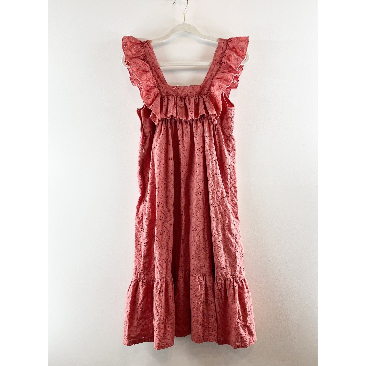Ba&sh Byrd Broderie Eyelet Ruffle Midi Dress Terracotta Pink Small