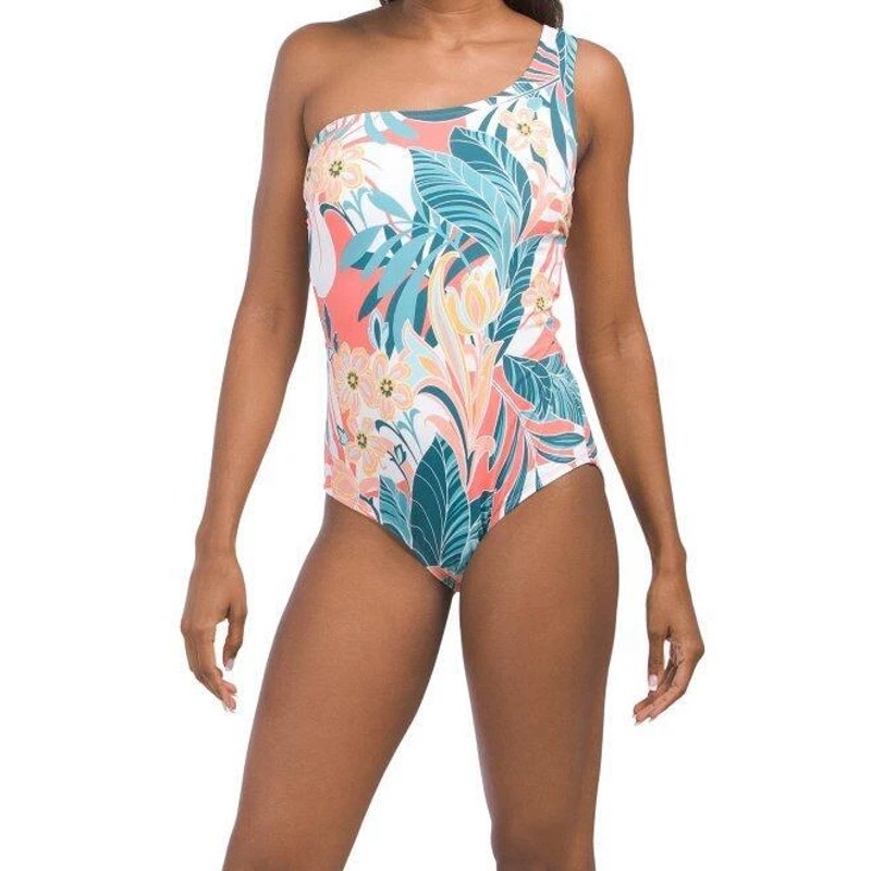 Jantzen Rainforest One Shoulder Tropical Print One Piece Swimsuit Blue 8