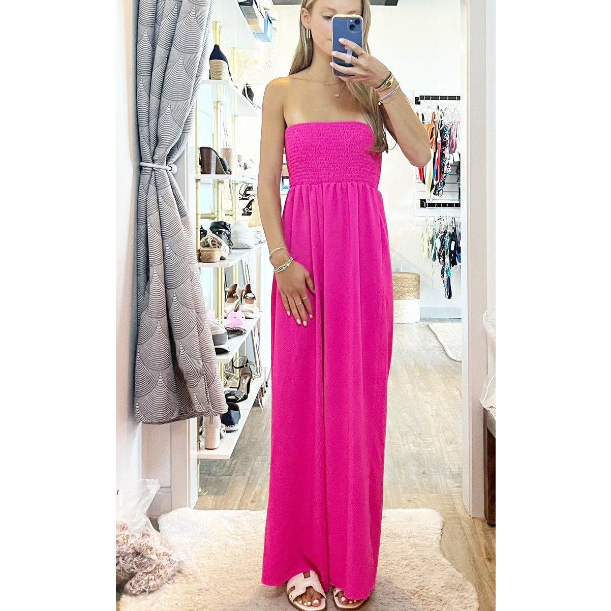 Strapless Side Pocket Smocked One Piece Wide Leg Jumpsuit Pink Small