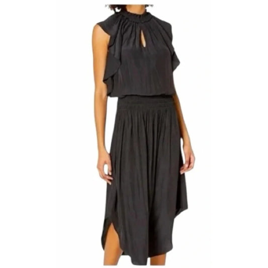 Ramy Brook Wrenn Flutter Sleeve Smocked Waist Midi Satin Dress Black Medium