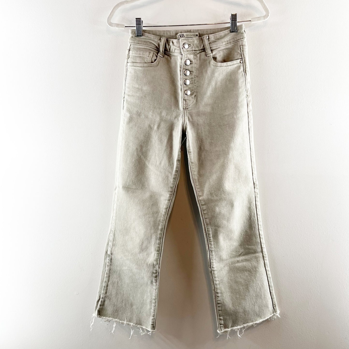 ZARA High Rise Cropped Button Fly Raw Hem Kick Flare Jeans Sage Green 2