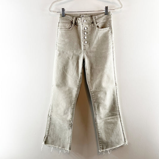 ZARA High Rise Cropped Button Fly Raw Hem Kick Flare Jeans Sage Green 2