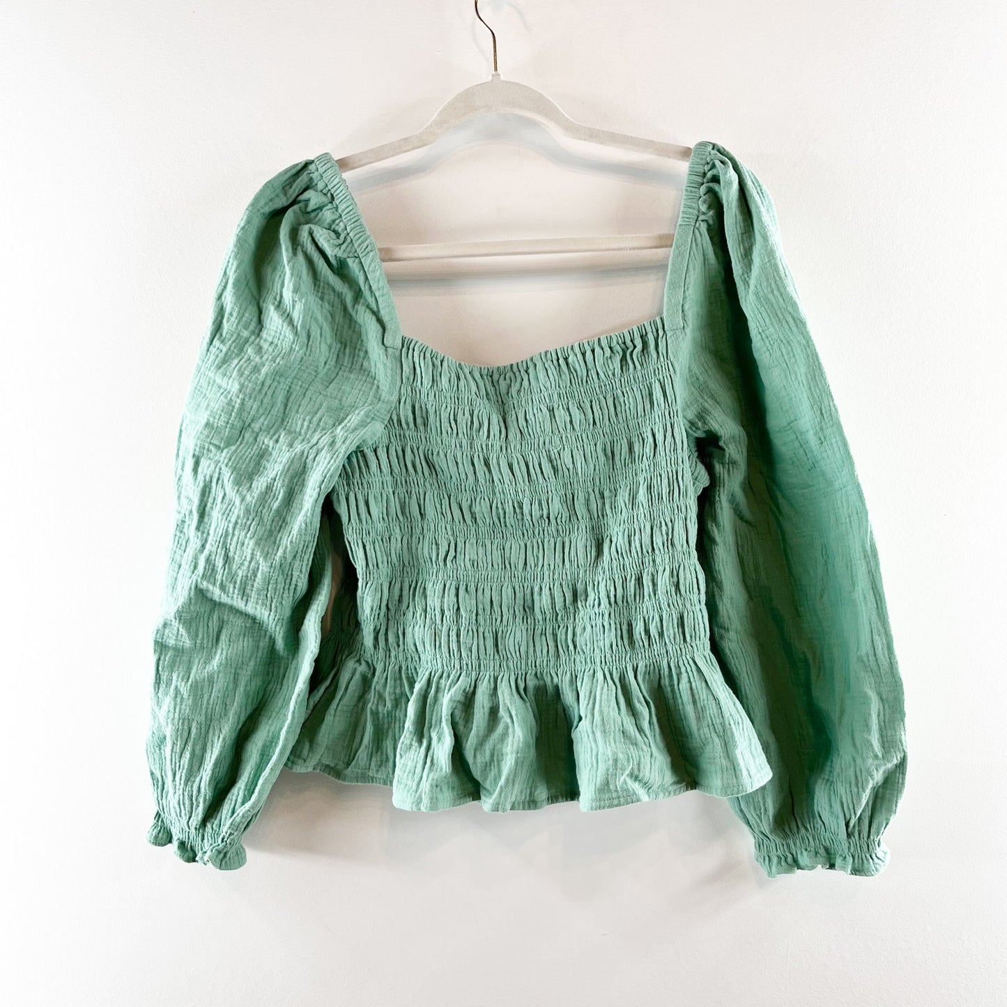 J. Crew Long Sleeve Gauze Cotton Smocked Square Neck Top Green Large