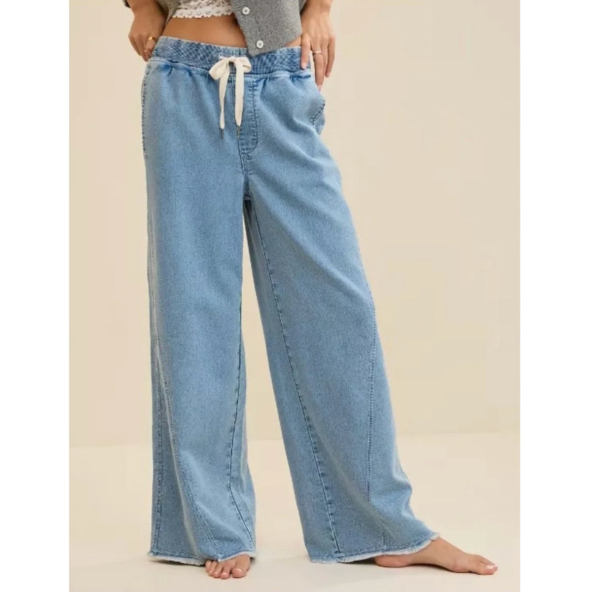 Aerie Soft Landing Trouser Wide Leg High Rise Jeans Pants Chambray Blue Large