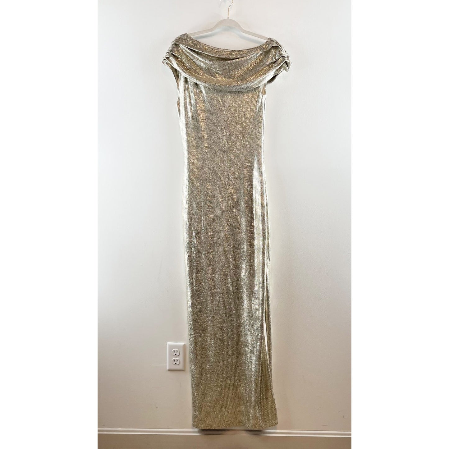 Rachel Roy Asymmetrical Off Shoulder Maxi Slit Gown Dress Gold Metallic 6