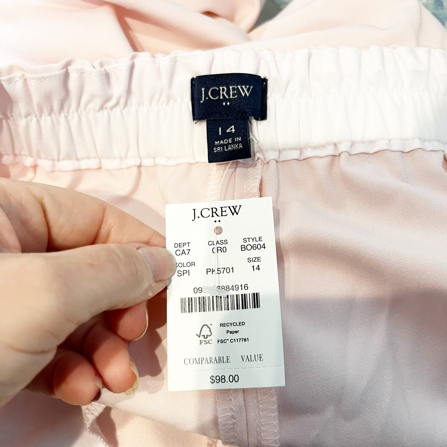 J. Crew High Rise Elastic Back Waist Straight Leg Trouser Pants Pink 14