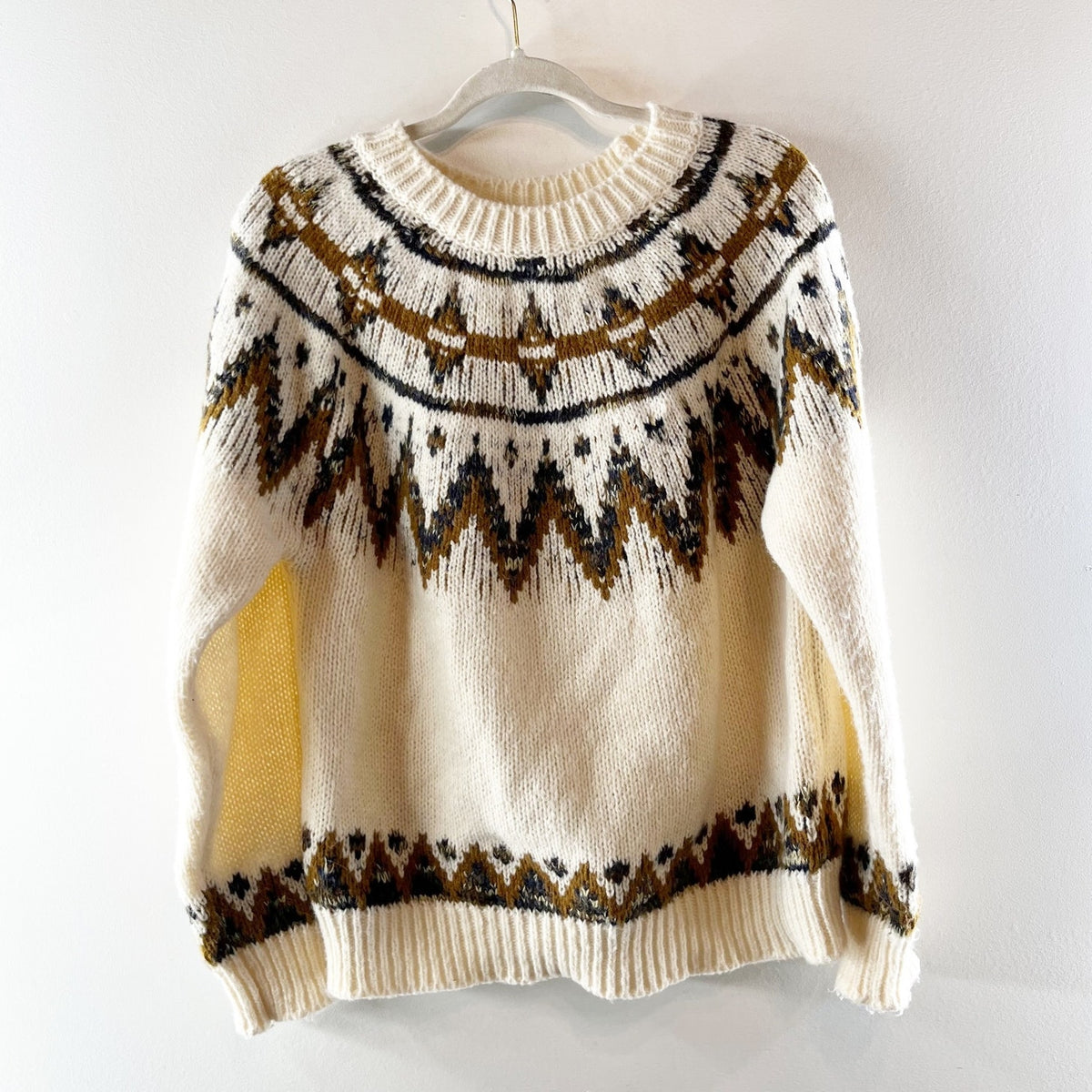 Heartloom Rae Fair Isle Crewneck Long Sleeve Pullover Sweater Cream Brown Large