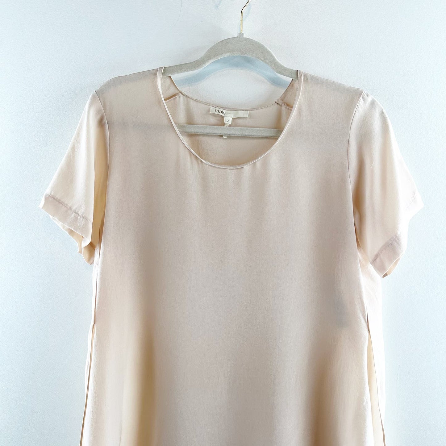 Maje 100% Silk Short Sleeve Split Slit Hem Blouse Shirt Top Pink 2
