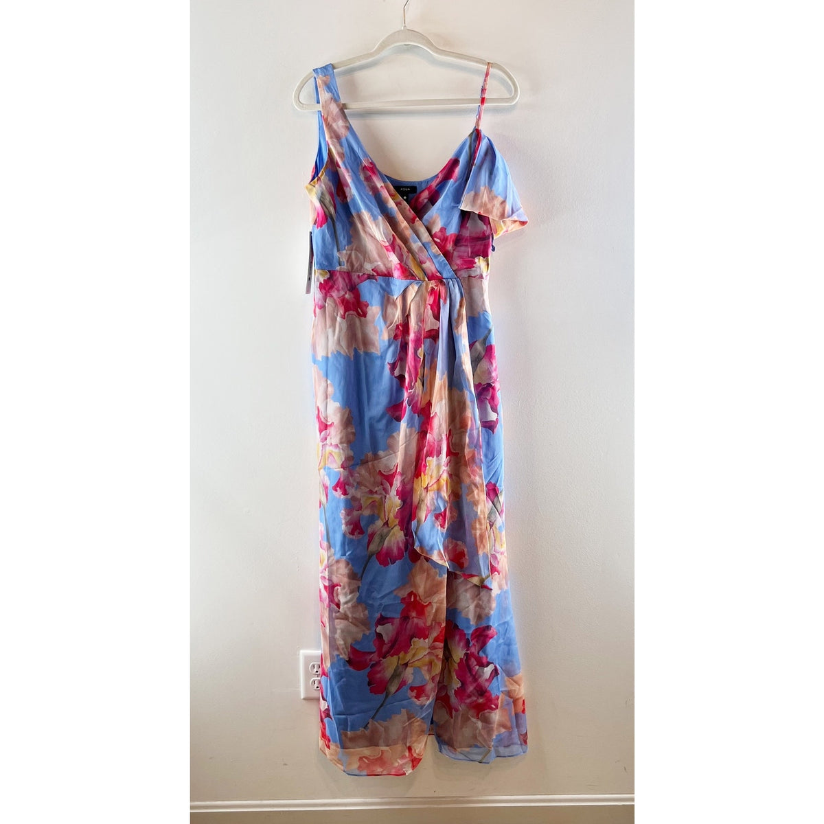Aqua Floral Satin Burnout Sleeveless V-Neck Maxi Dress Blue Multi Large