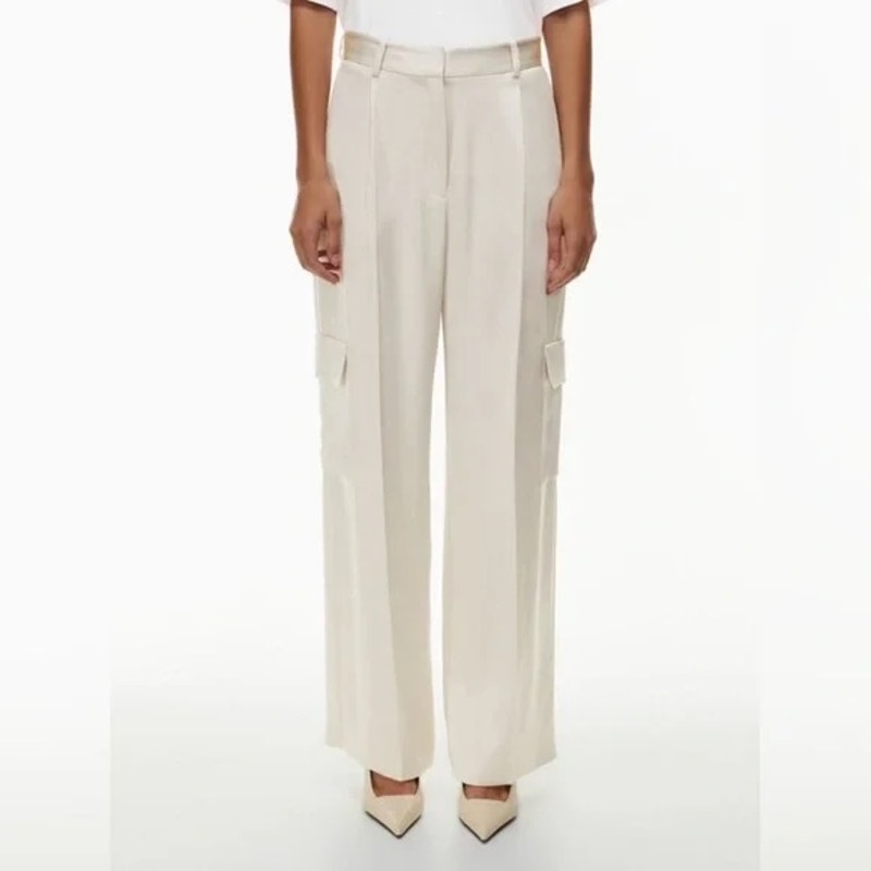 Aritzia Babaton Outgoing Satin Cargo Pants Light Birch Off White Cream 4