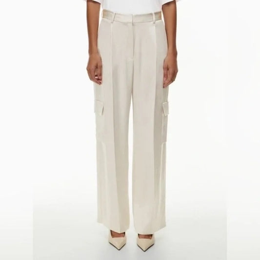 Aritzia Babaton Outgoing Satin Cargo Pants Light Birch Off White Cream 4