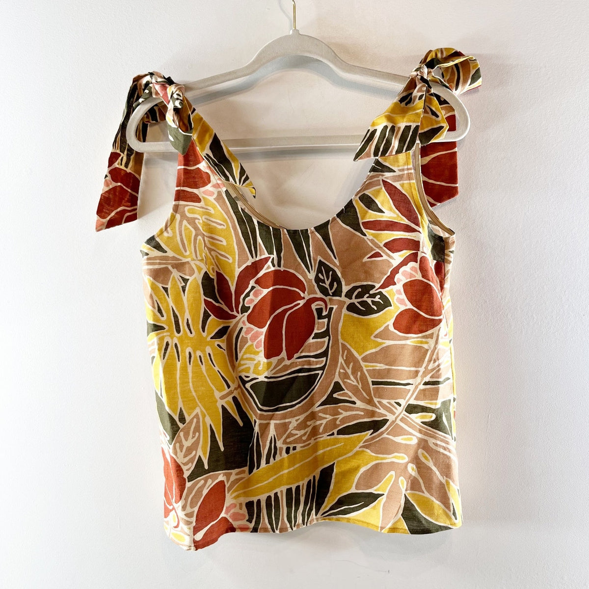 Sezane Tropical Print Scoopneck Tie Strap Linen Cotton Tank Top Yellow 36 / US 4