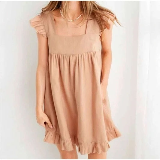 Aerie Flutter Sleeve Square Neck Babydoll Tunic Linen Blend Mini Dress Tan Large