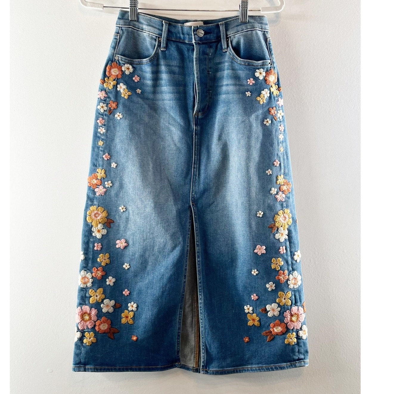 Driftwood Piper Embroidered Floral Midi Denim Skirt with Front Slit Blue 26