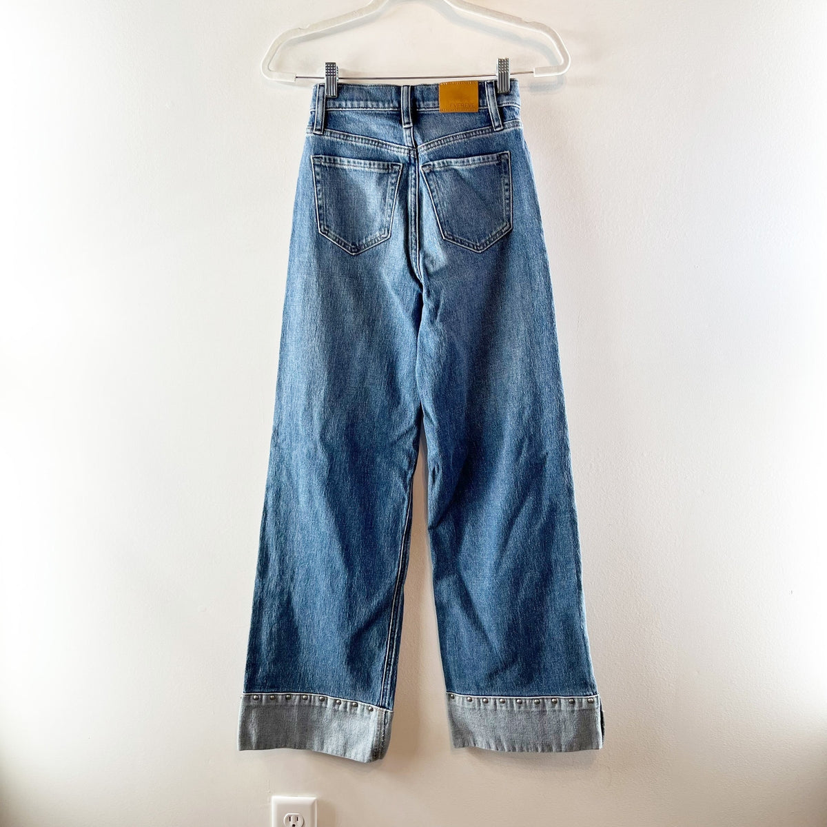 Evereve Ever Vintage Wide Leg Cuffed Jeans with Studded Detail Medium Wash Blue