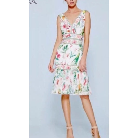 Tadashi Shoji V Neck Pleated Hem Floral Olga Dress White 10