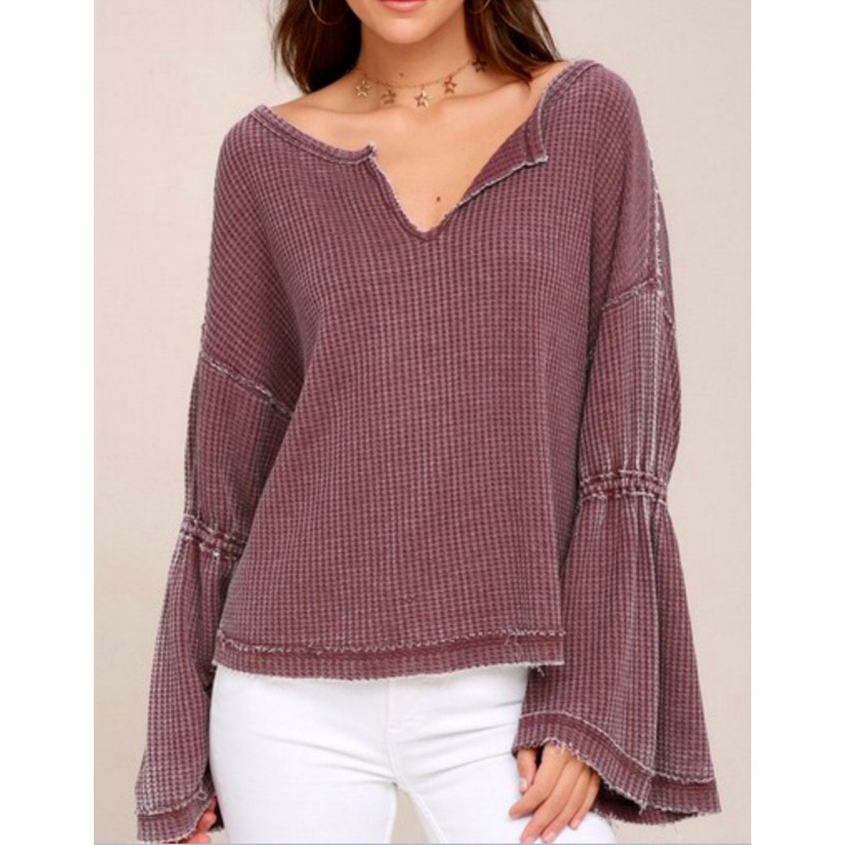 Free People Dahlia Long Bell Sleeve Thermal Waffle Knit Top Plum Maroon Small