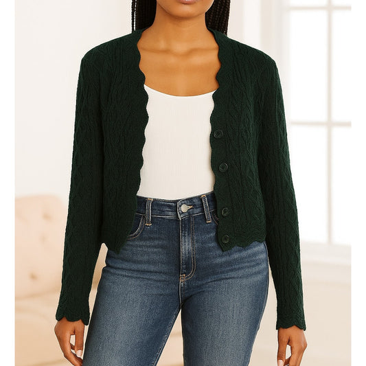 House of Harlow Long Sleeve Cropped Scalloped Cardigan Sweater Green Small