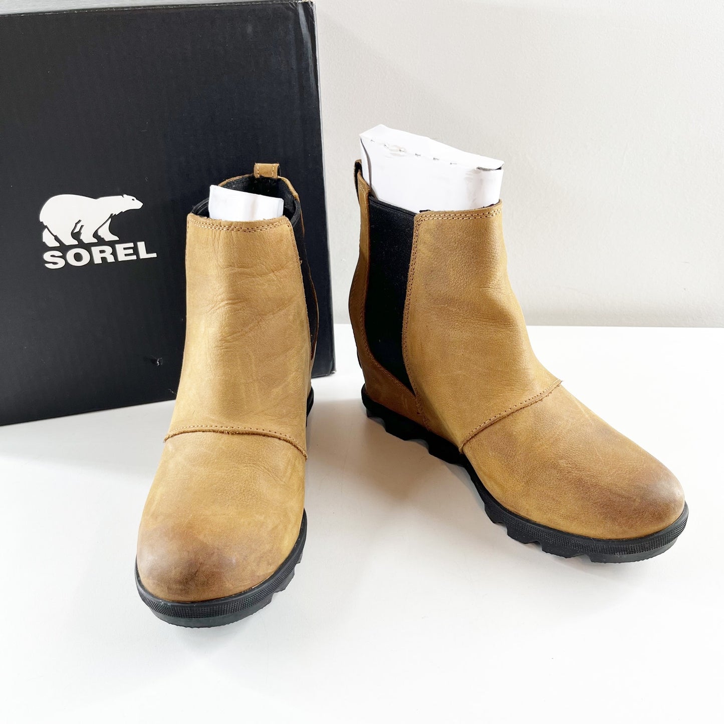 Sorel Joan of Arctic Wedge Leather Ankle Boots Booties Tan Brown 9