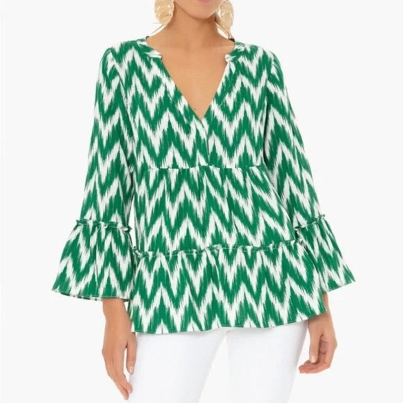 Pomander Place Tuckernuck Kenzo Ikat Blouse Top Shirt Green Large