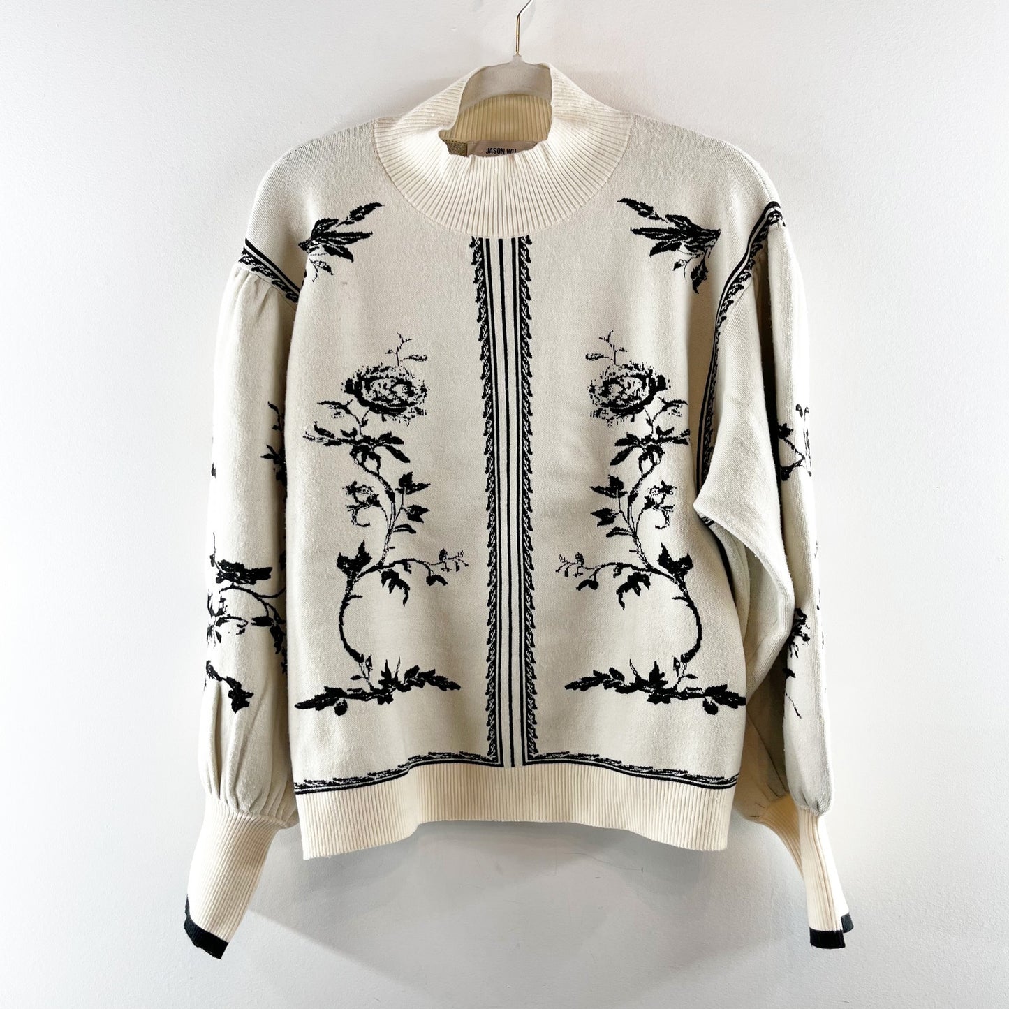 Jason Wu Long Balloon Sleeve Mock Neck Floral Printed Sweater Cream Large