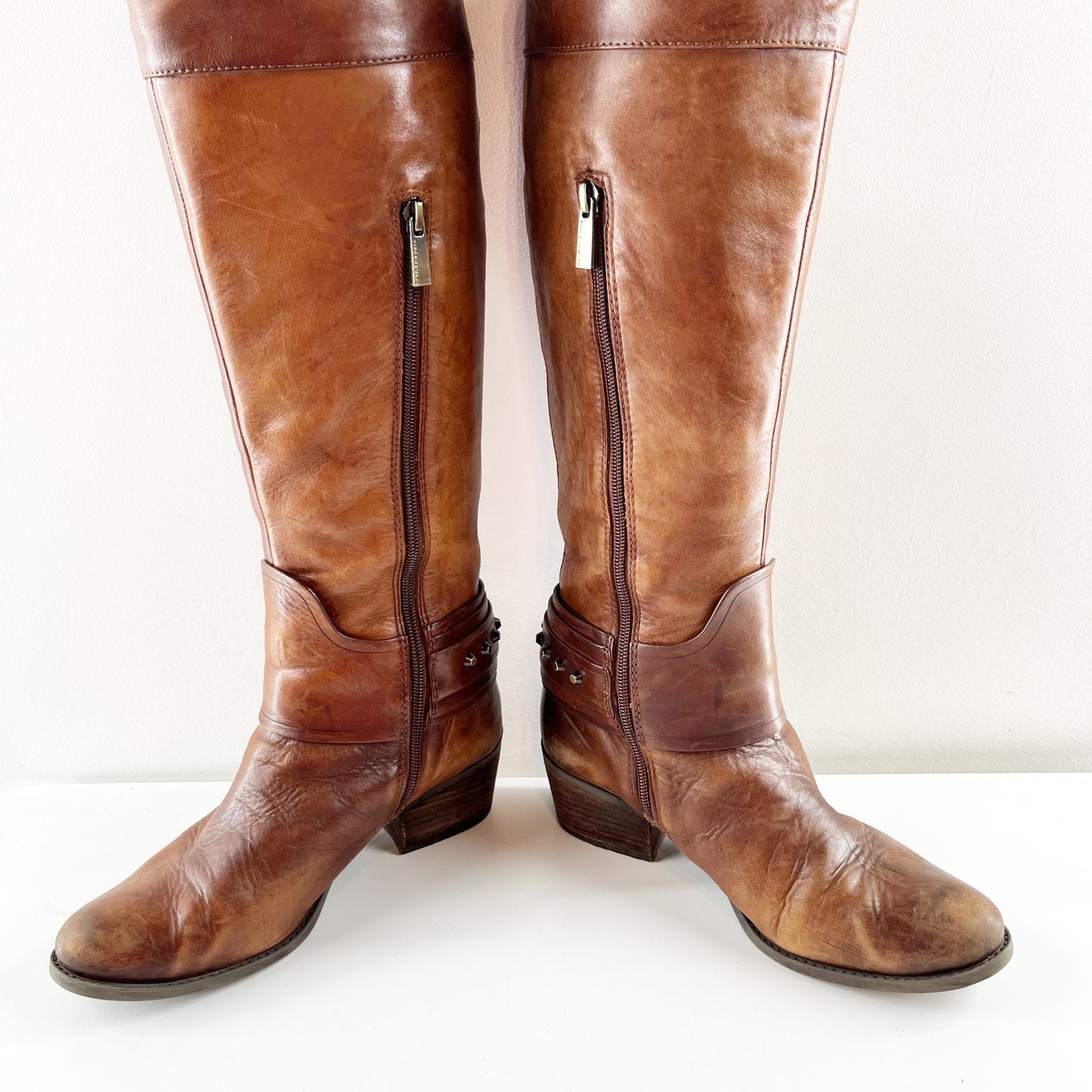 Vince Camuto Leather Beatrix Block Stacked Heel Knee High Riding Boots Brown 7.5