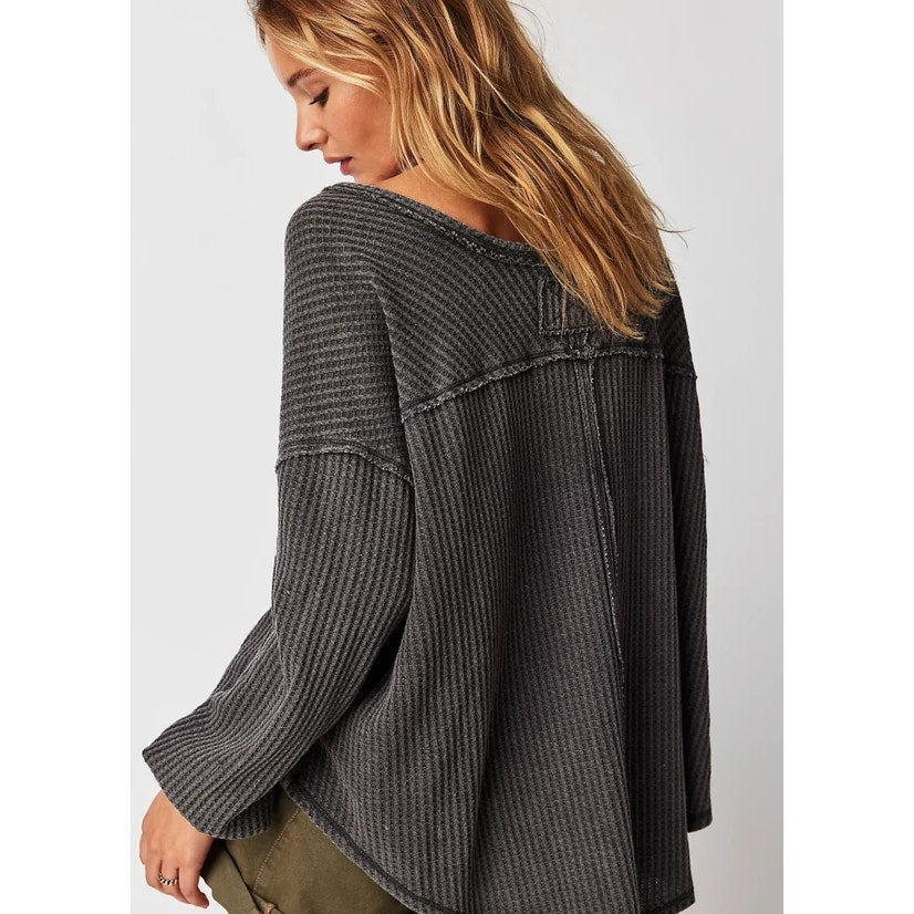 Free People Coraline Long Sleeve V-Neck Thermal Top Charcoal Black Medium