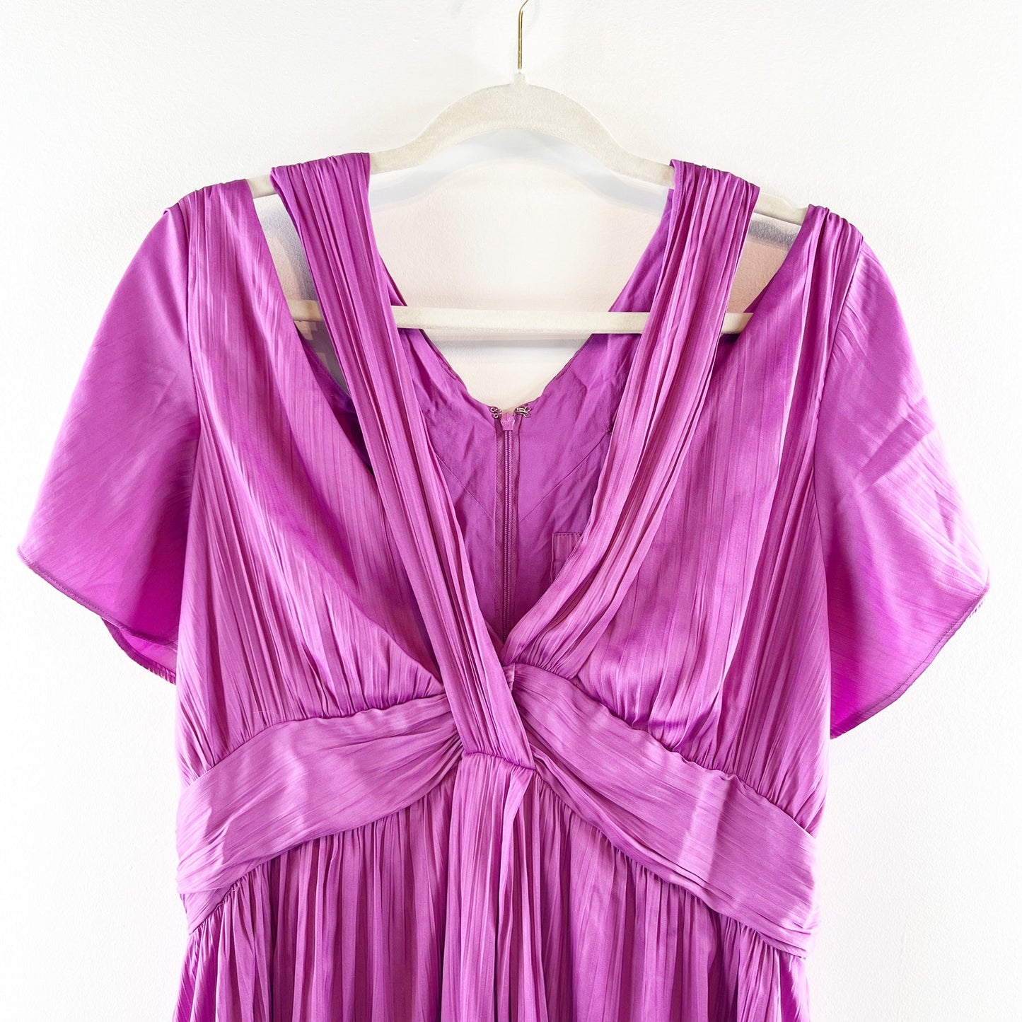 Anthropologie Short Sleeve Pleated Deep V-Neck Vibrant Mini Dress Purple 12