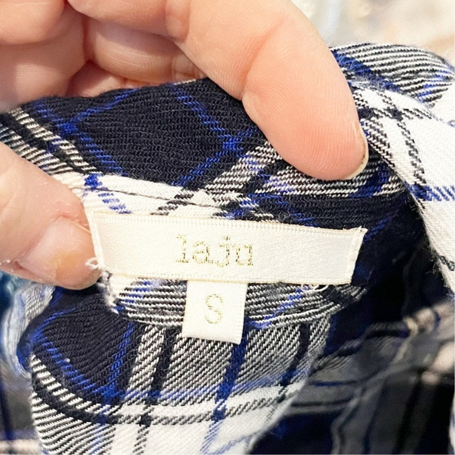 Laju Button Down Long Sleeve Plaid Flannel Shirt Top Blouse Blue Small