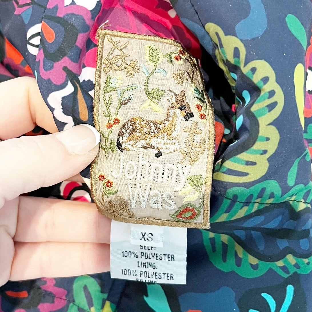 Johnny Was Reversible Puffer Coat Jacket Black Pink Printed XS