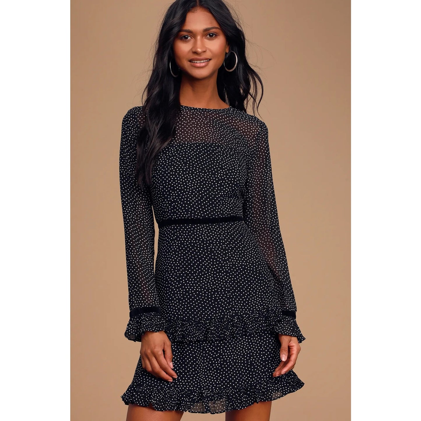 Lulus Floral to See Black Polka Dot Long Sleeve Mini Dress Black Medium