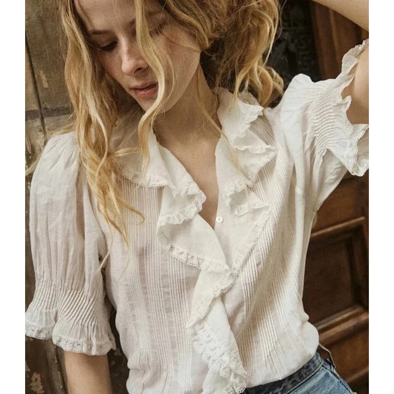 DOEN Organic Cotton Henri Puff Sleeve Button Front Blouse Top Salt Eyelet Medium