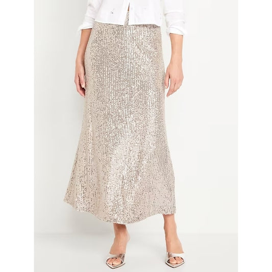 Old Navy High Waisted Sequin Lined Maxi Skirt Gold Medium Petite