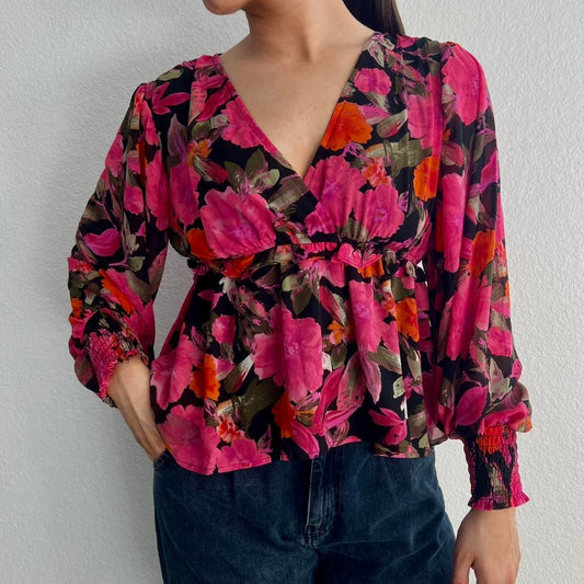 Blu Pepper Floral Print Long Sleeve Ruffle Trim Surplice Neck Blouse Pink Large