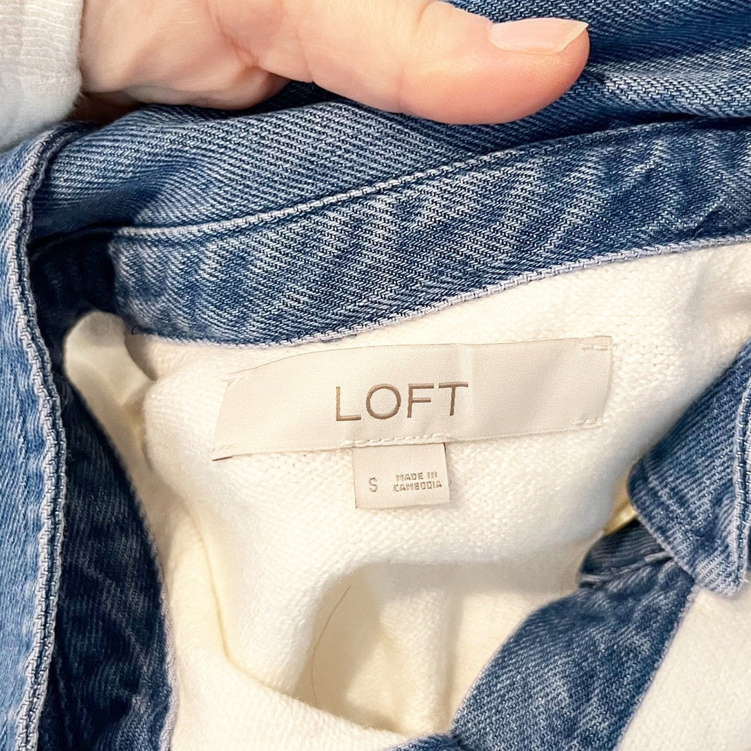 LOFT Denim Collar Henley Long Sleeve Sweater Cream Blue Small