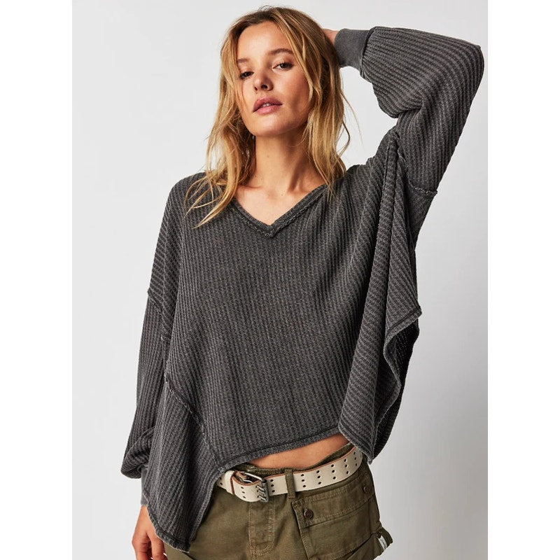 Free People Coraline Long Sleeve V-Neck Thermal Top Charcoal Black Medium