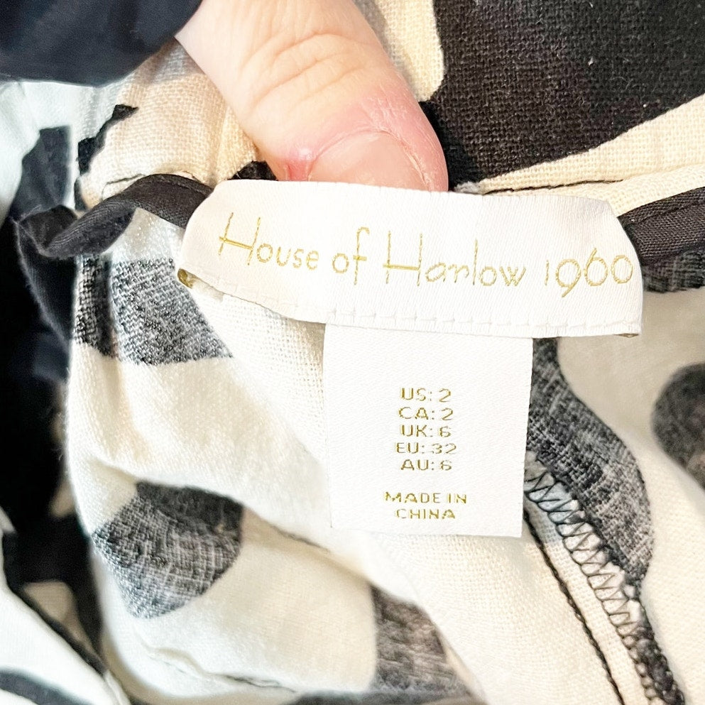 House of Harlow Floral Tropical Wide Leg Linen Blend Pants Black White 2