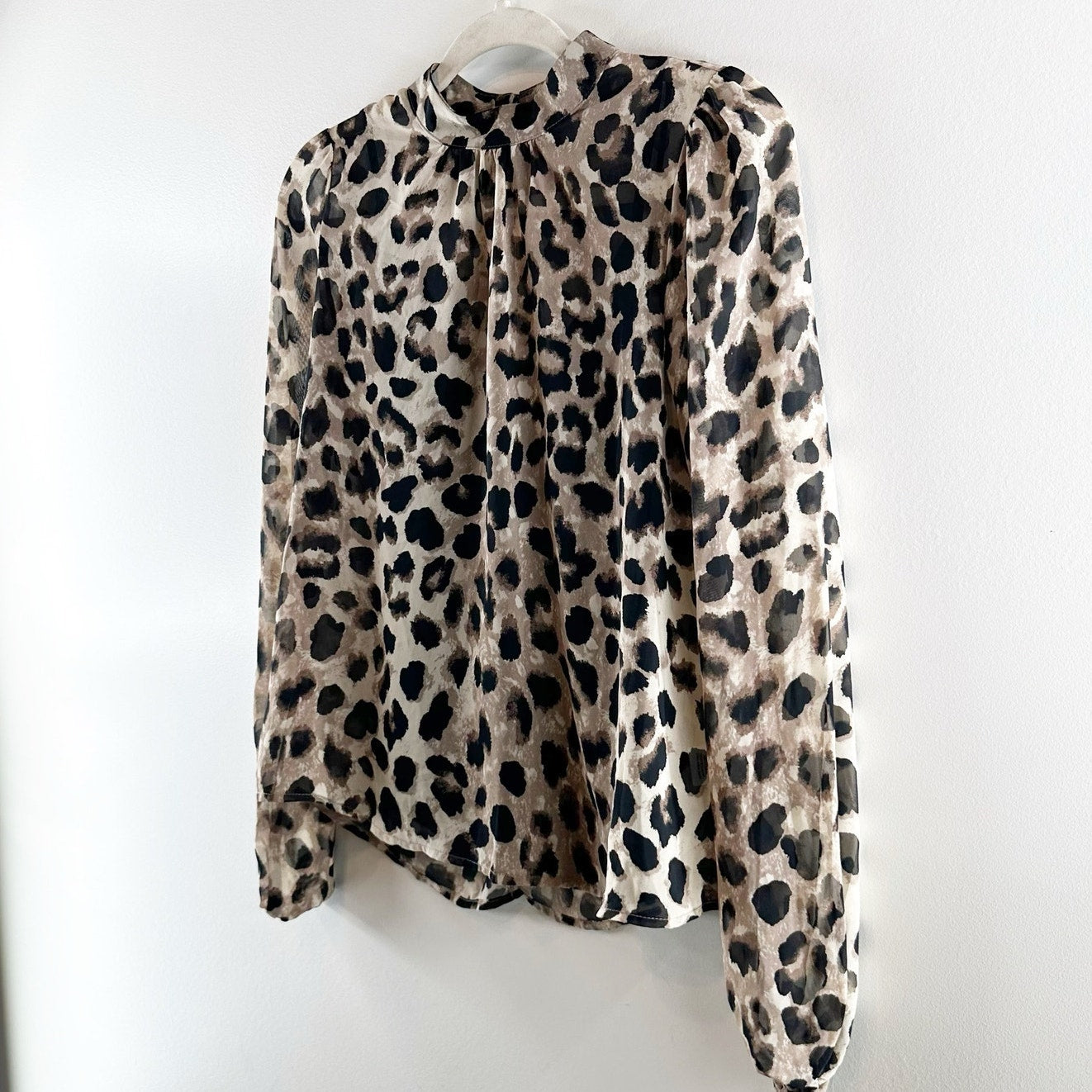 Allison Joy Nora Cheetah Print Long Sleeve Mock Neck Blouse Top Tan / Black XS