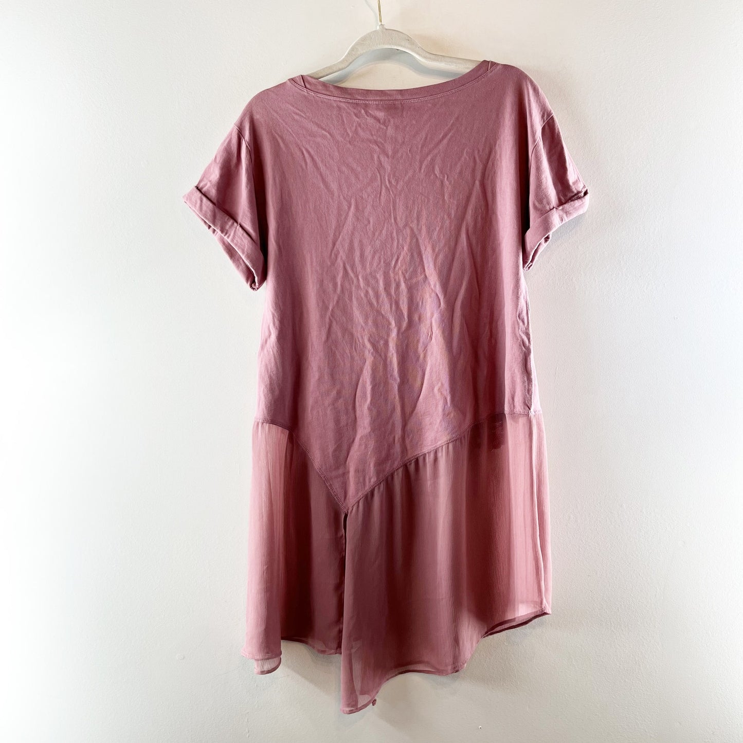 Akemi + Kin Anthropologie Kris Lace Sheer Hem Asymmetrical Tunic Top Shirt Pink
