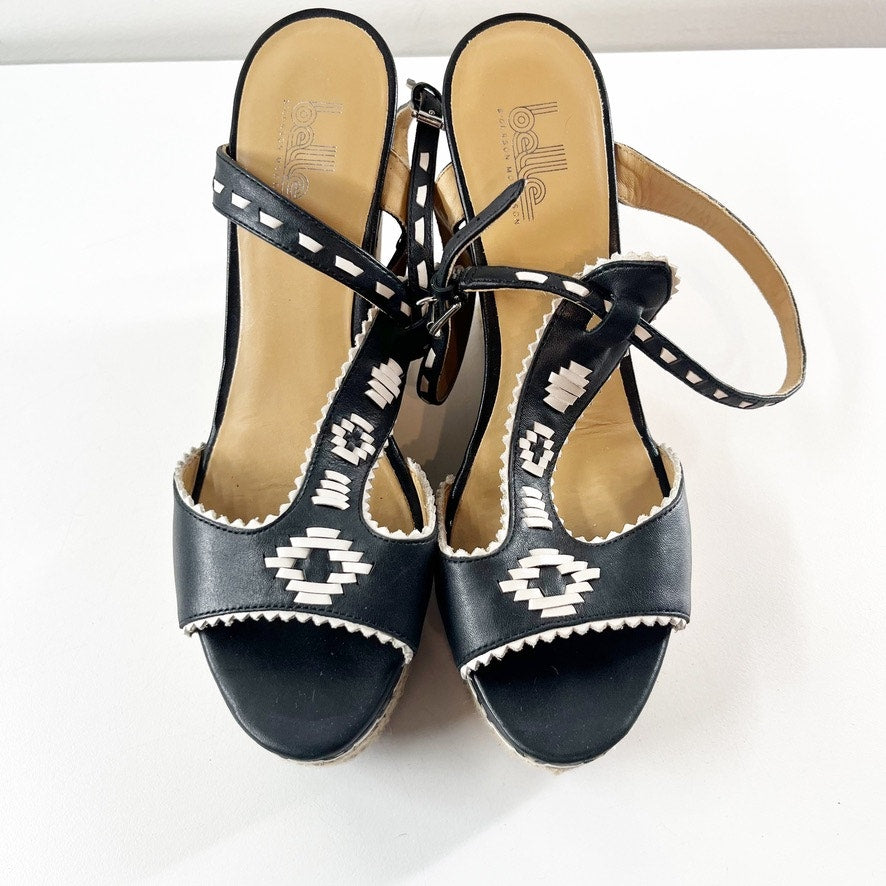 Belle by Sigerson Morrison Aivi Embroidered Leather Wedge Heel Sandals Black 8