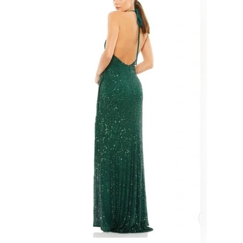 Ieena for Mac Duggal Sequin Formal Halter Maxi Gown Dress Bottle Green 10