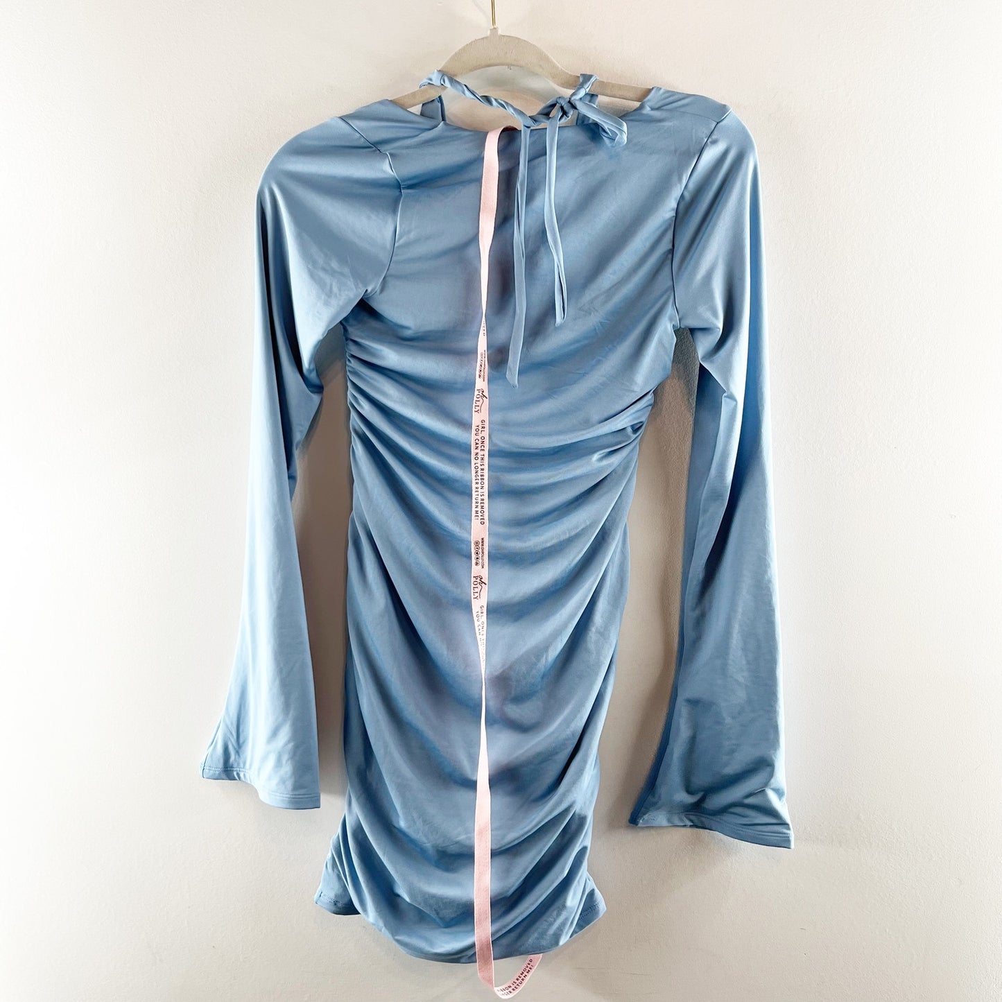 Oh Polly Short and Sweet Halter Cutout Long Bell Sleeve Mini Dress Blue 6