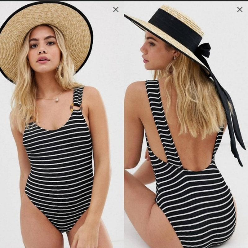 New Look ASOS Striped Ribbed One Piece Swimsuit Black White US 10