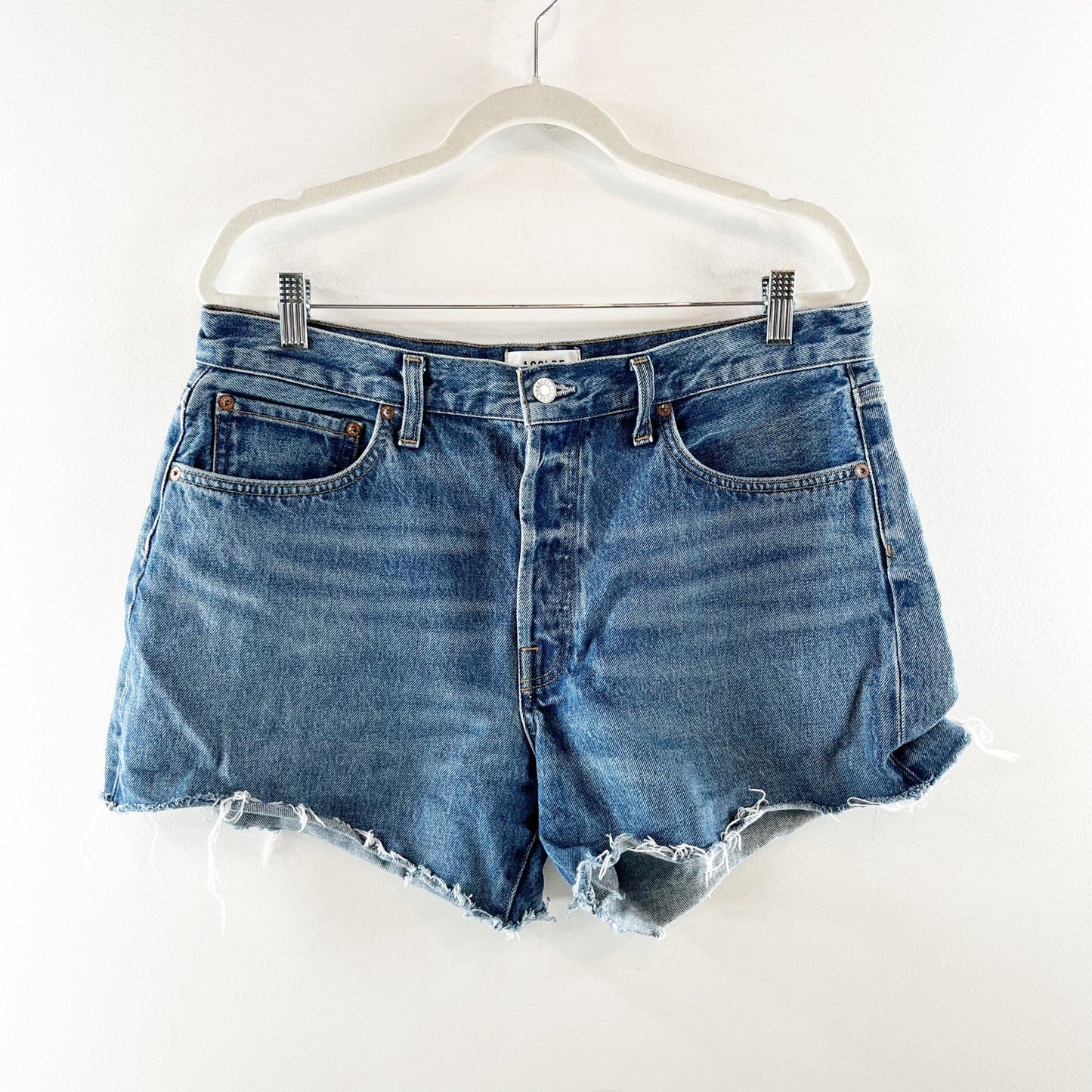 AGOLDE High Rise Button Fly Cutoff Parker Long Jean Denim Shorts Blue 31