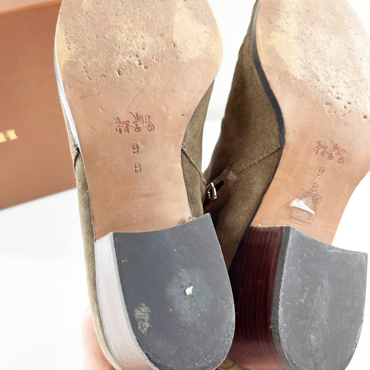 Coach Paulina Block Stacked Heel Suede Ankle Boots Booties Fatigue Chestnut 9
